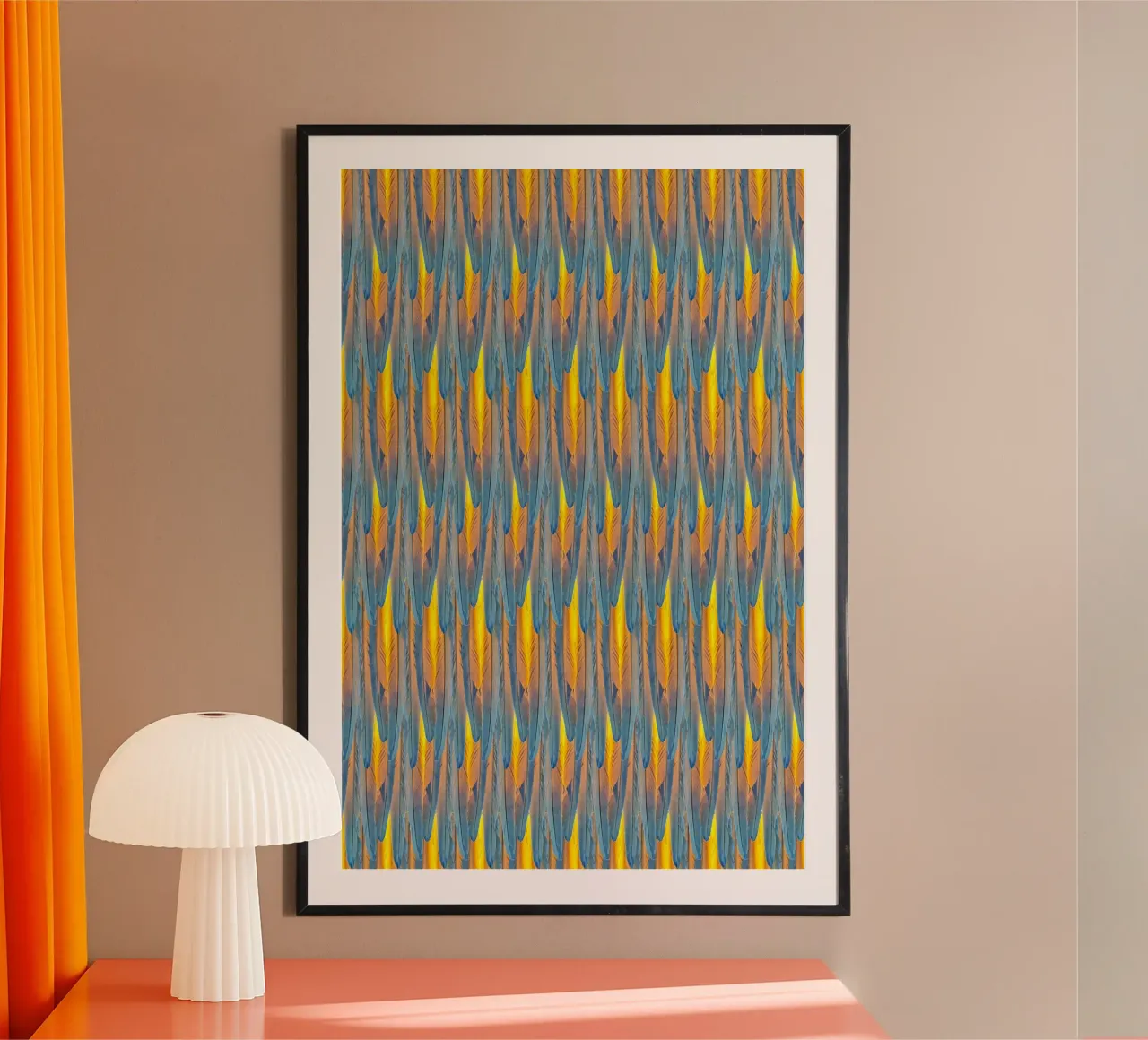 Feathered Harmony: Yellow & Blue Feathers poster con telaio in plastica da Curious Collections by Marielle Leenders