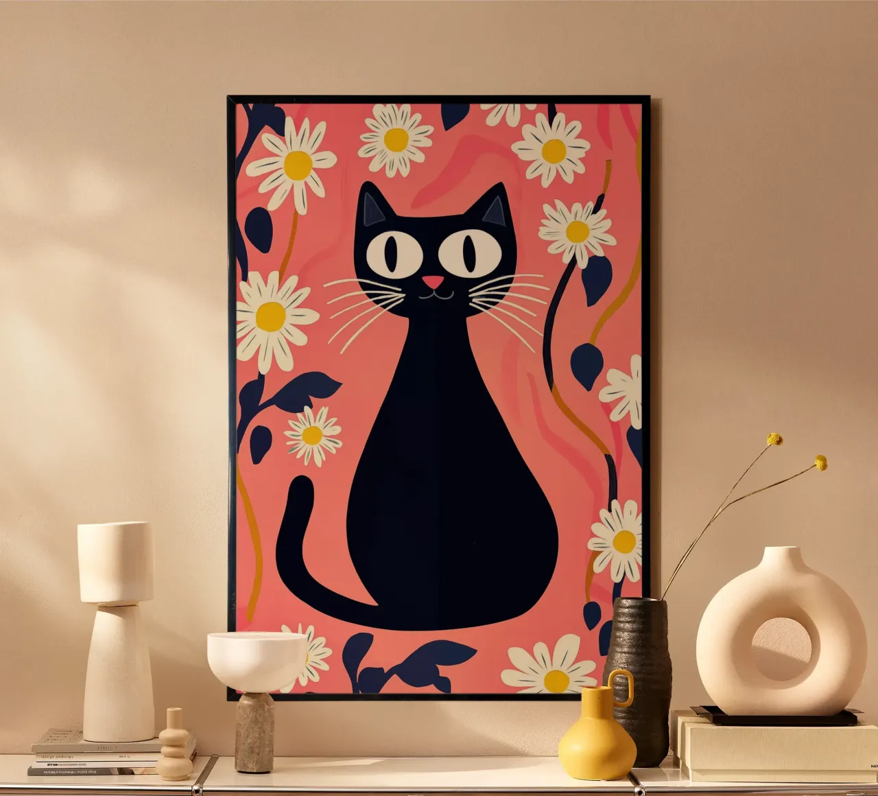Gatto nero sul prato di fiori rosa poster con telaio in plastica da Autofocus
