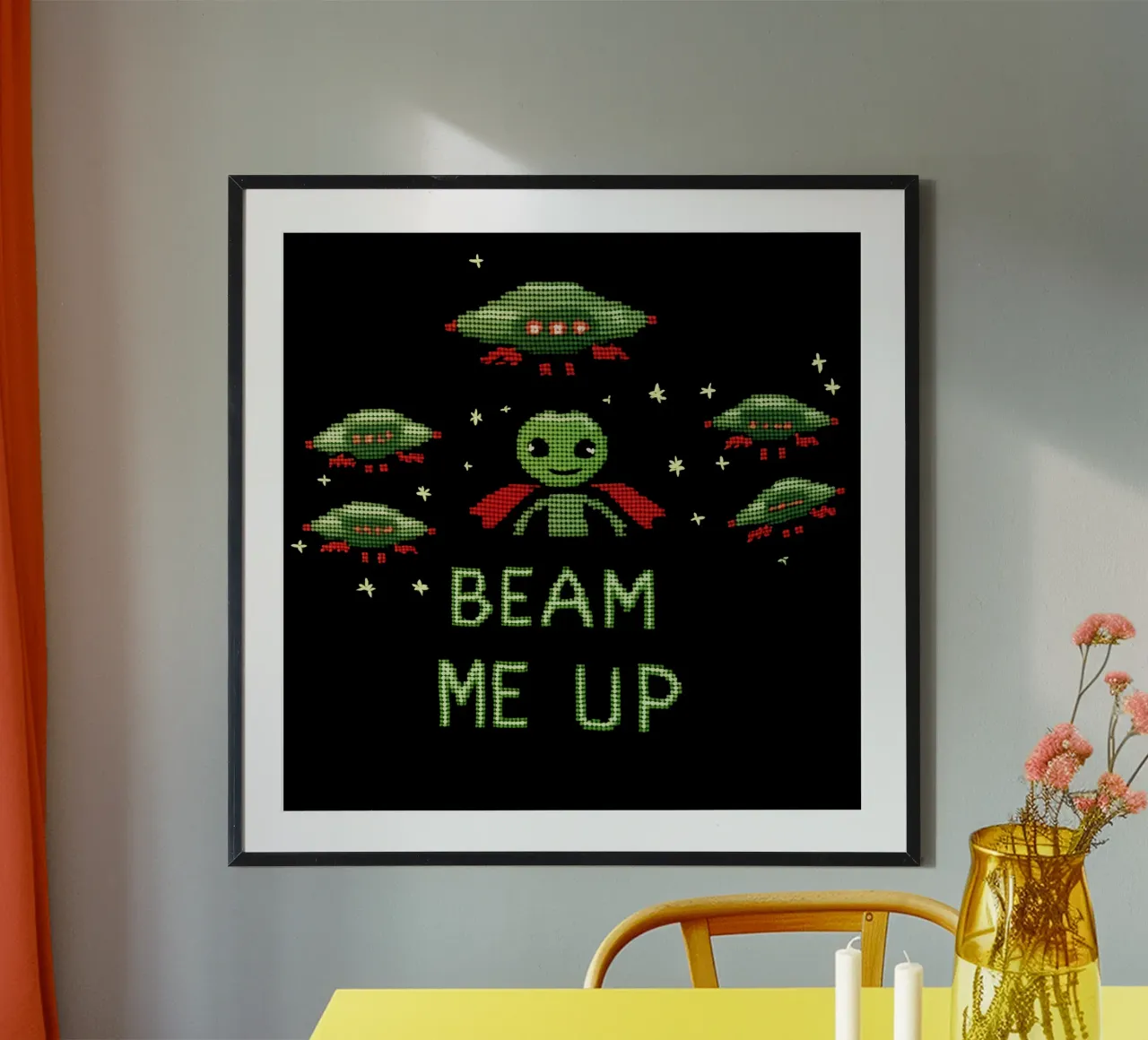 Beam Me Up | Ricamo di alieni poster con telaio in plastica da Autofocus
