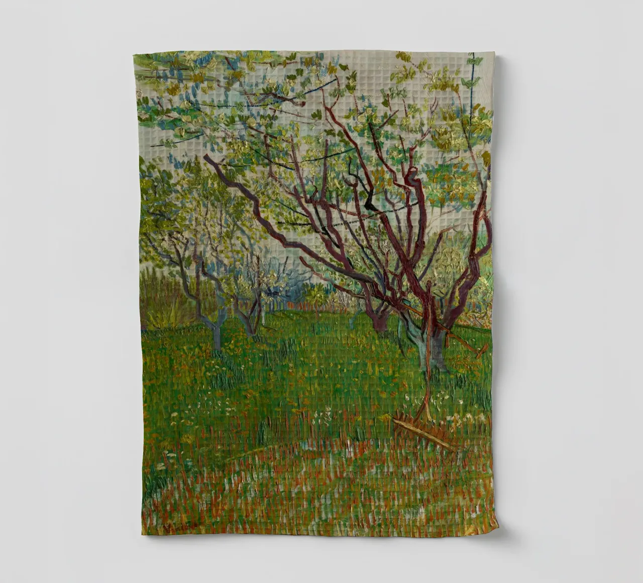 van Gogh blossoming orchard tea towel by Carinaprint