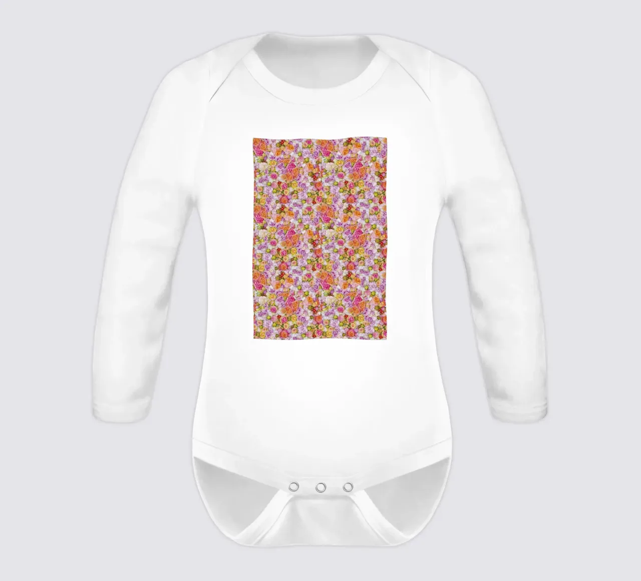 Blooming Delight: Mini Rose Pattern long-sleeve baby romper by Curious Collections by Marielle Leenders