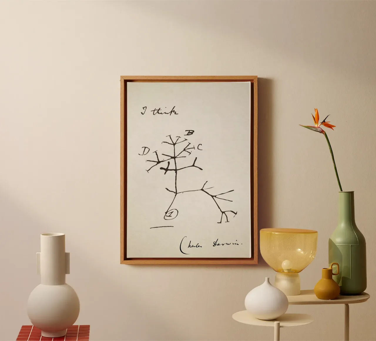 Charles Darwin - Poster I Think - Idea regalo per la biologia tela con Cornice a cassetta da Mashtup