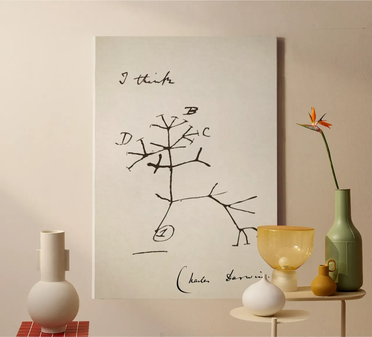 Charles Darwin - Poster I Think - Idea regalo per la biologia tela con Cornice a cassetta da Mashtup