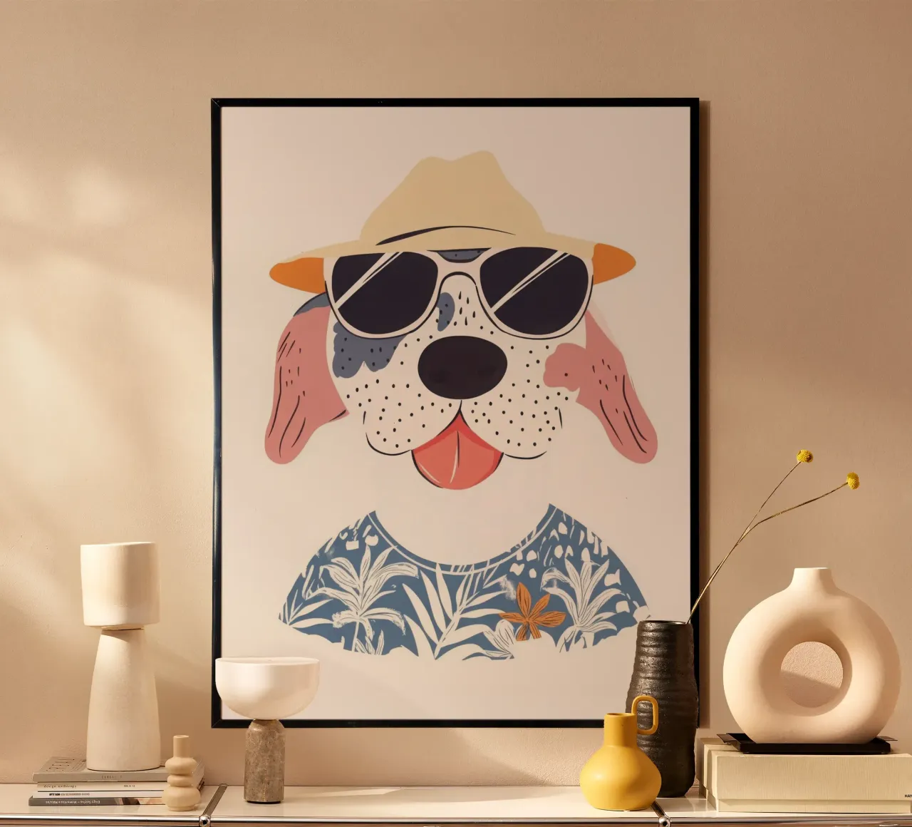 Il cane figo in vacanza poster con telaio in alluminio da So Cute Land - Affiches et posters