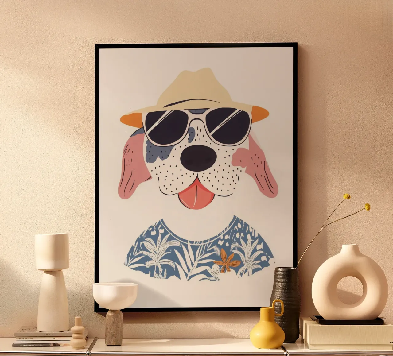 Il cane figo in vacanza poster con telaio in alluminio da So Cute Land - Affiches et posters
