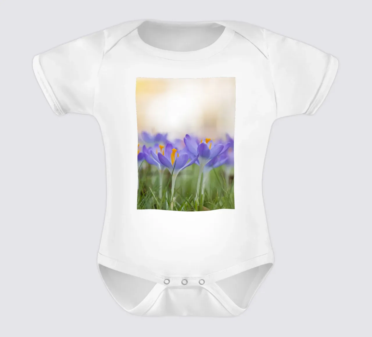 Spring Awakening: Crocuses in Bloom short-sleeve baby romper by Curious Collections by Marielle Leenders