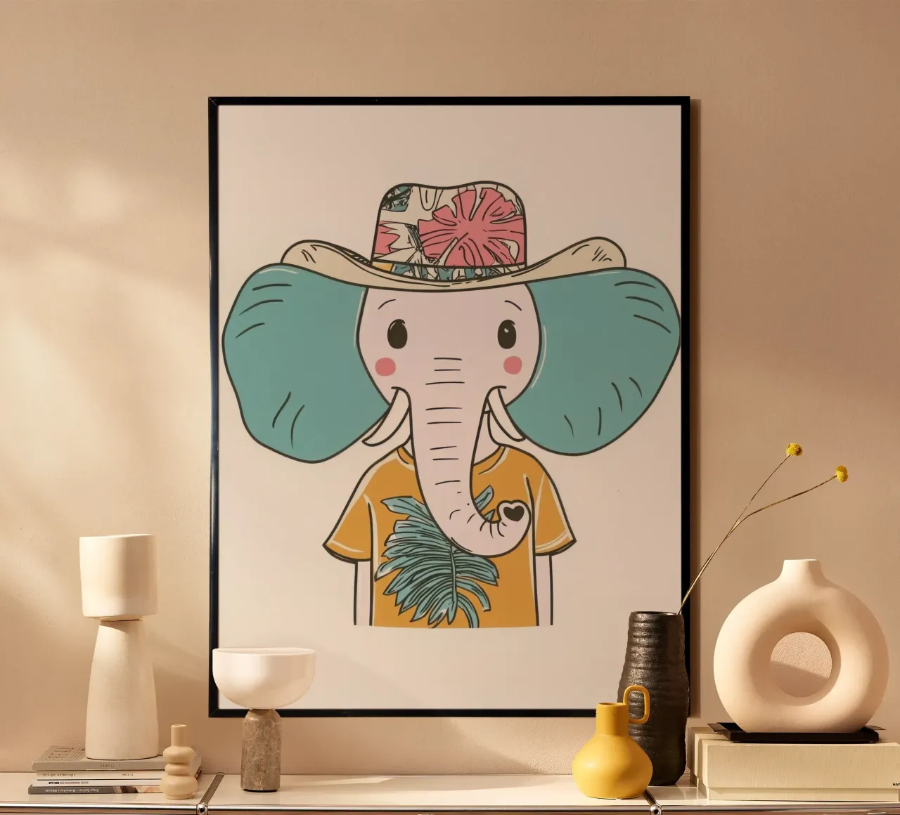 L'Éléphant Vacancier poster con telaio in legno da So Cute Land - Affiches et posters