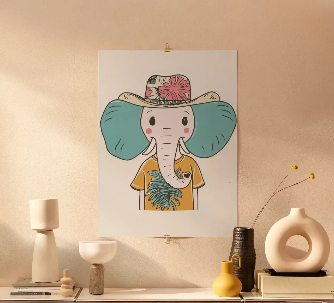 L'Éléphant Vacancier poster con telaio in legno da So Cute Land - Affiches et posters