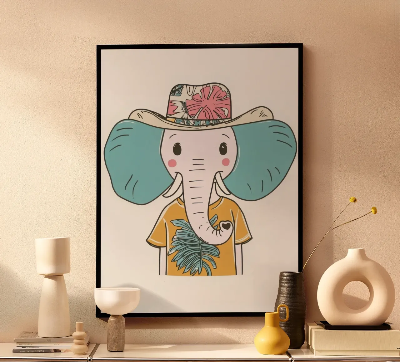 L'Éléphant Vacancier poster con telaio in legno da So Cute Land - Affiches et posters