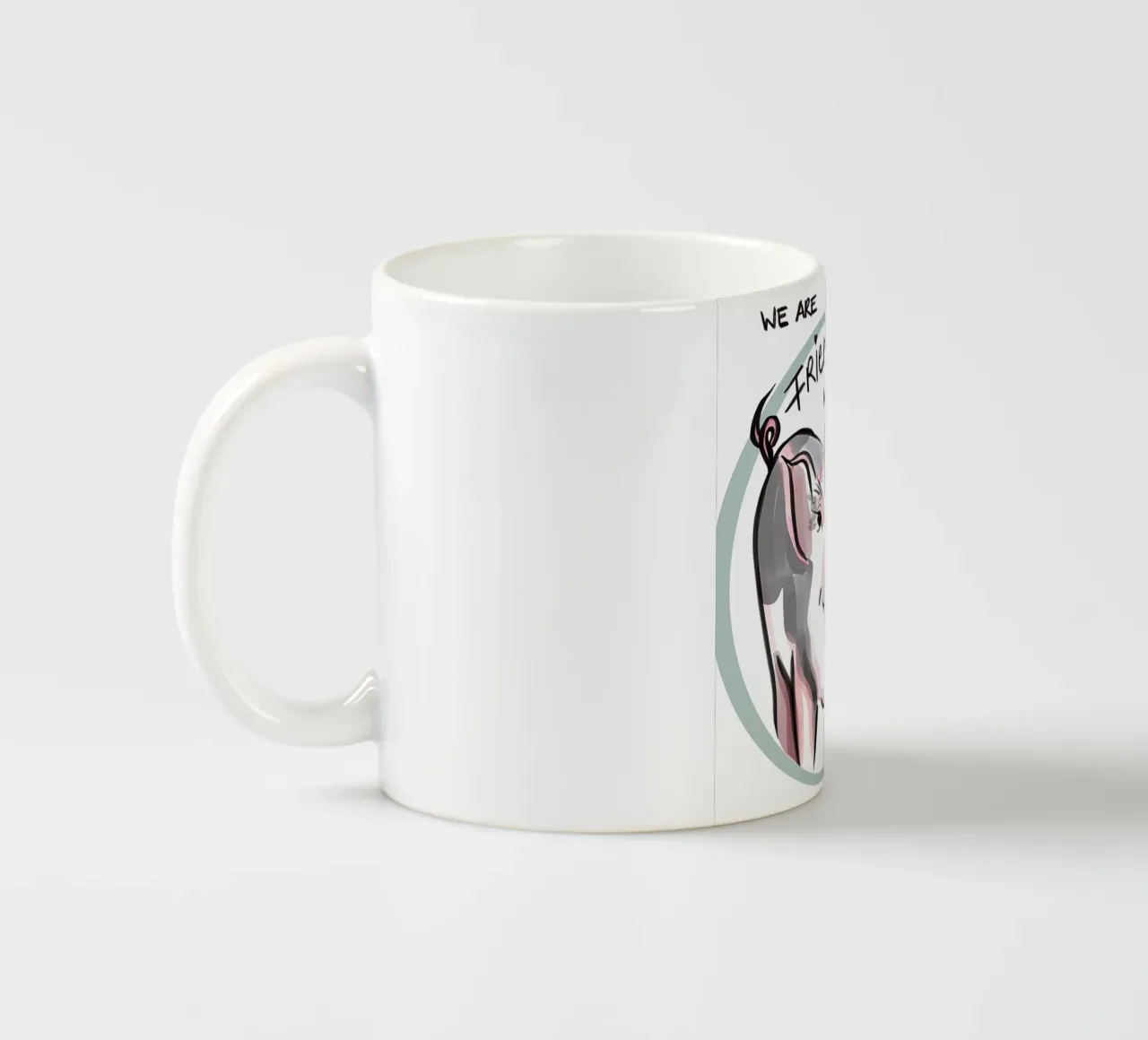 WIR SIND FREUNDE, KEIN FUTTER, süßes Schwein mit rosa Nase Keramik Tasse von Lisa Jureczko Arts Illustration