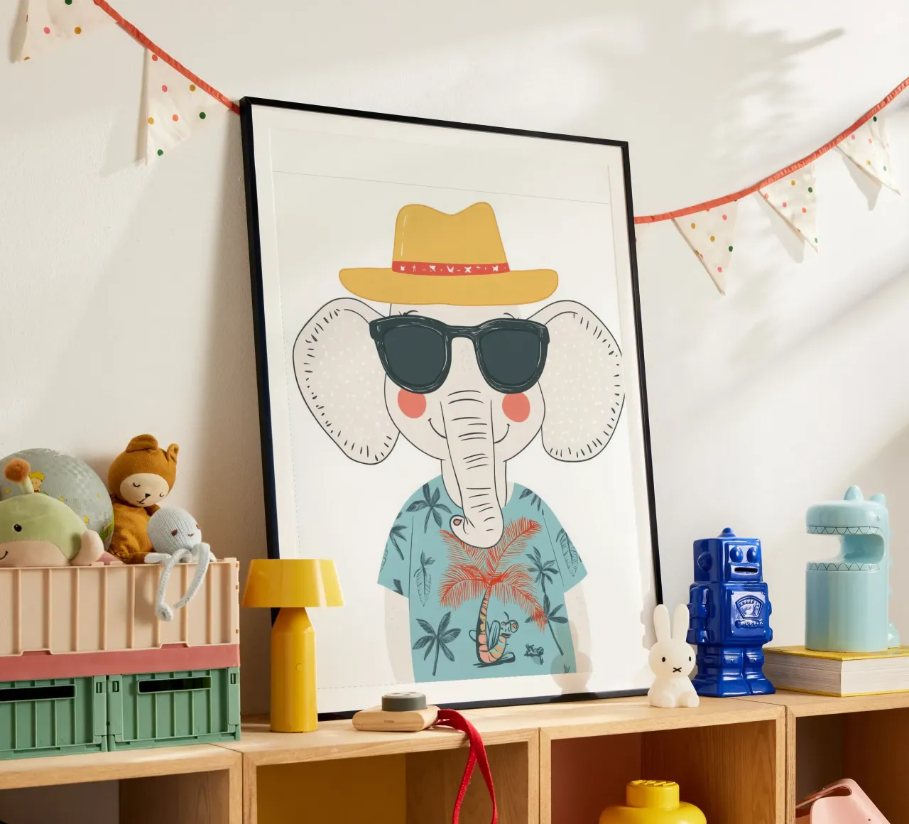 L'elefante in vacanza poster con telaio in legno da So Cute Land - Affiches et posters