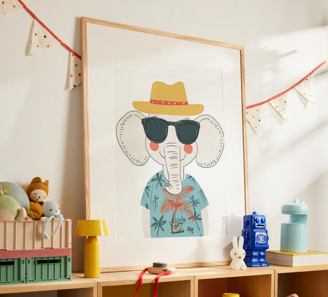 L'elefante in vacanza poster con telaio in legno da So Cute Land - Affiches et posters