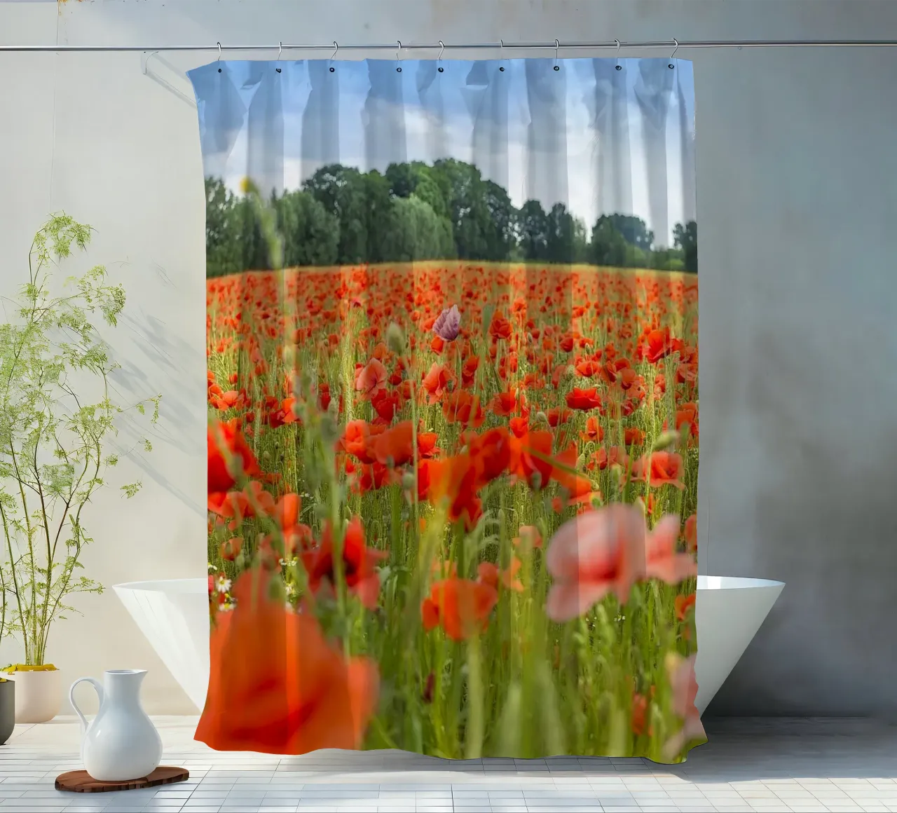 Fields of Red: Meadow of Poppies shower curtain by Curious Collections by Marielle Leenders