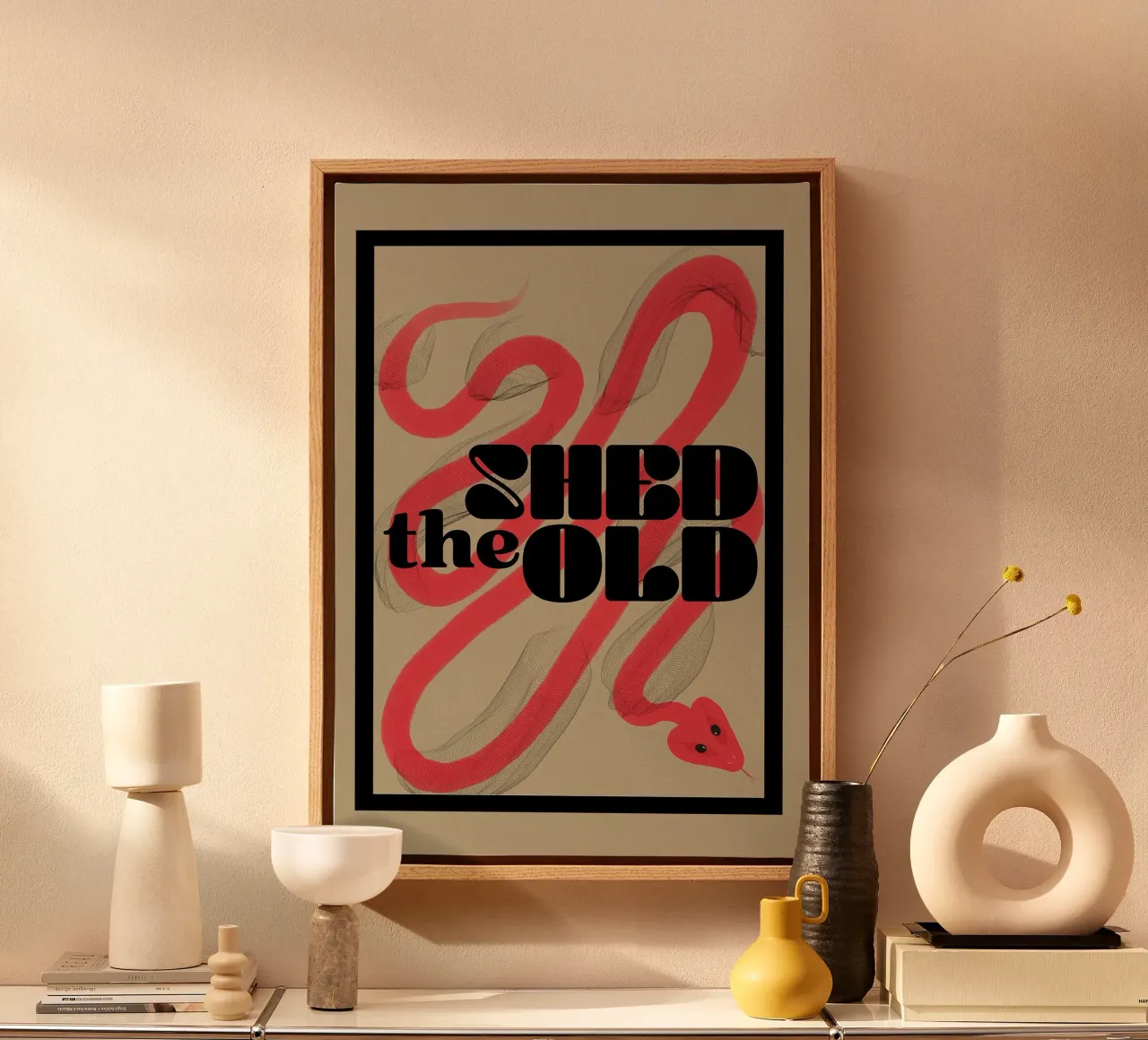 Shed the old - Red Snake Illustration canvas with Floater frame by Lisa Jureczko Arts Illustration