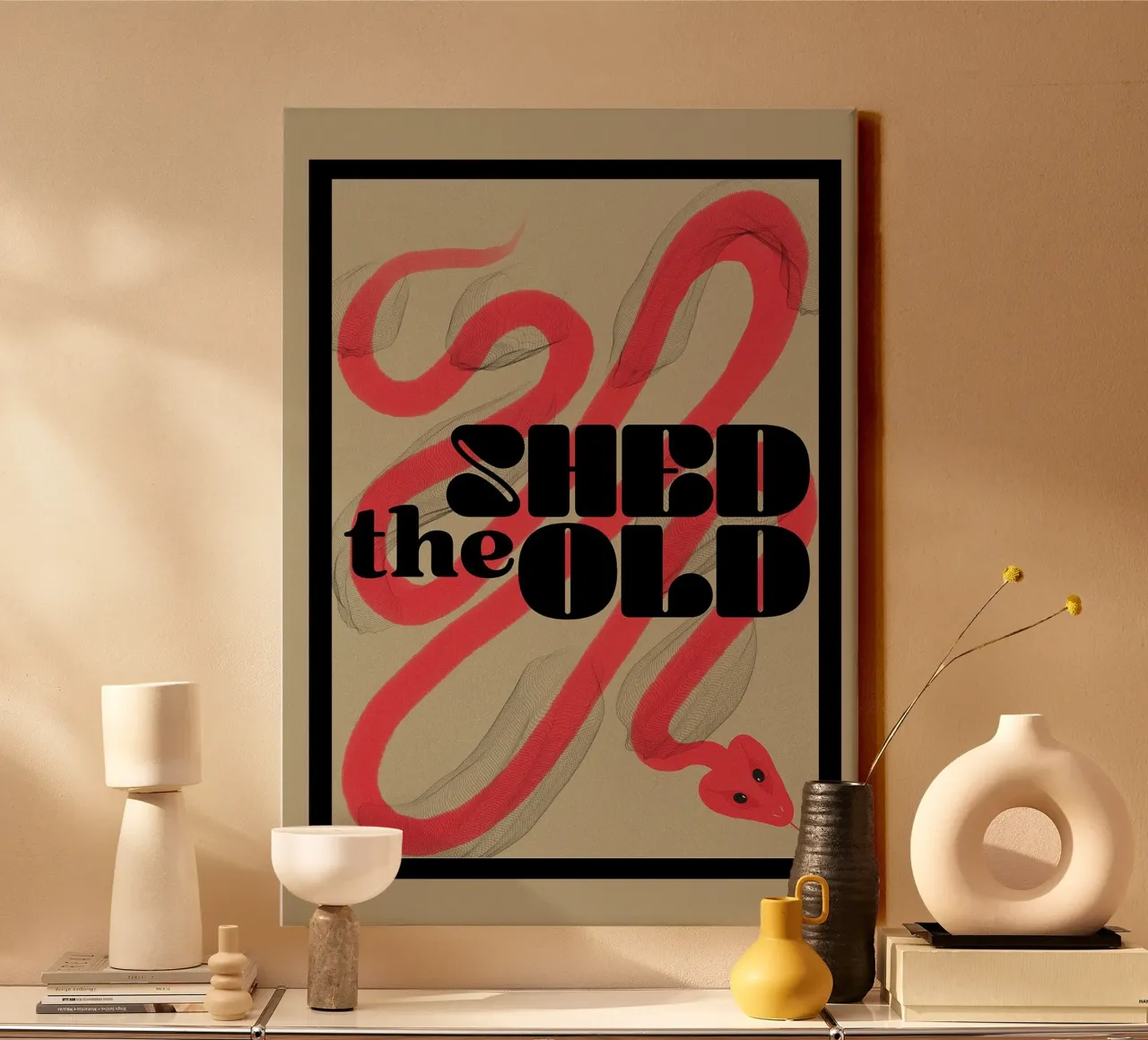Shed the old - Red Snake Illustration canvas with Floater frame by Lisa Jureczko Arts Illustration