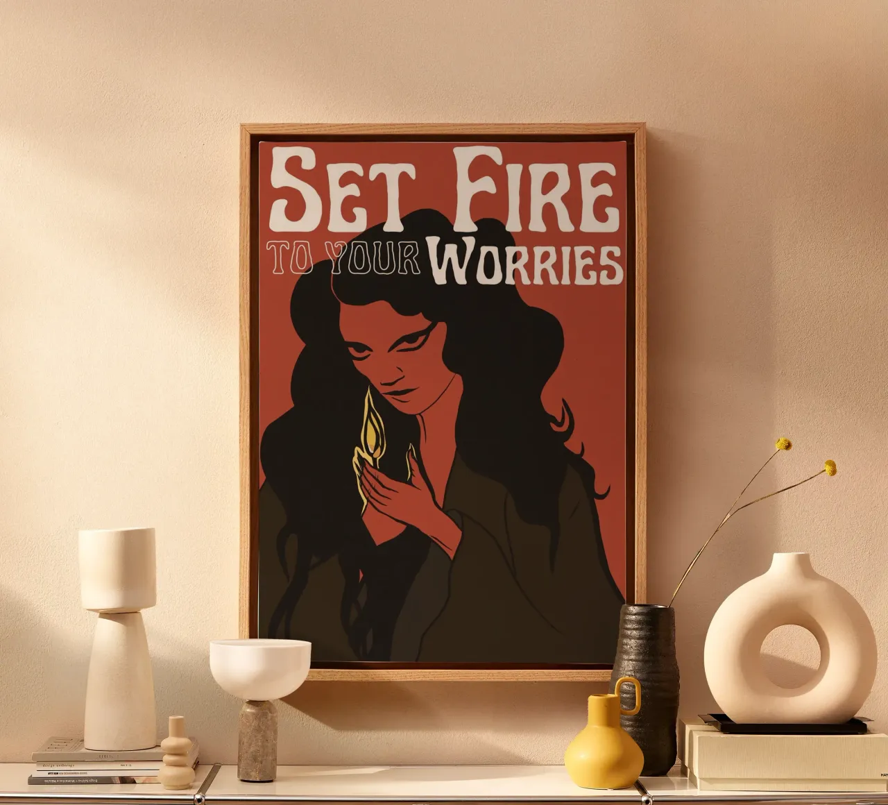 Steek je zorgen in brand - Illustratie canvas met Baklijst van Lisa Jureczko Arts Illustration