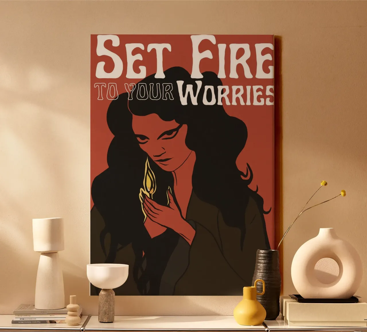Steek je zorgen in brand - Illustratie canvas met Baklijst van Lisa Jureczko Arts Illustration
