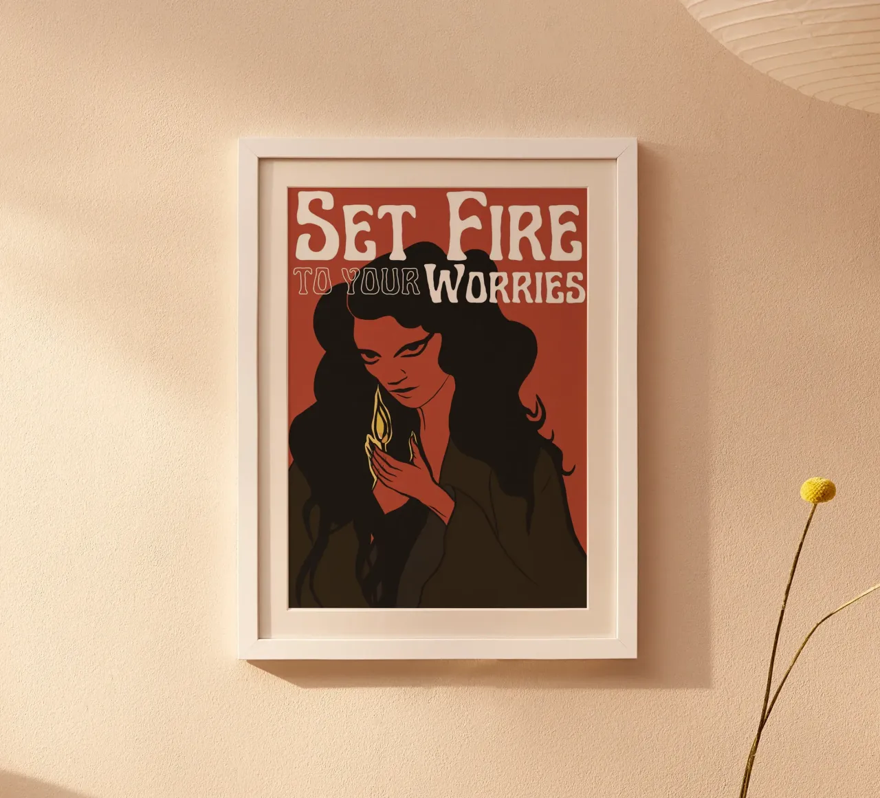 Date fuoco alle vostre preoccupazioni - Illustrazione poster con telaio in legno da Lisa Jureczko Arts Illustration