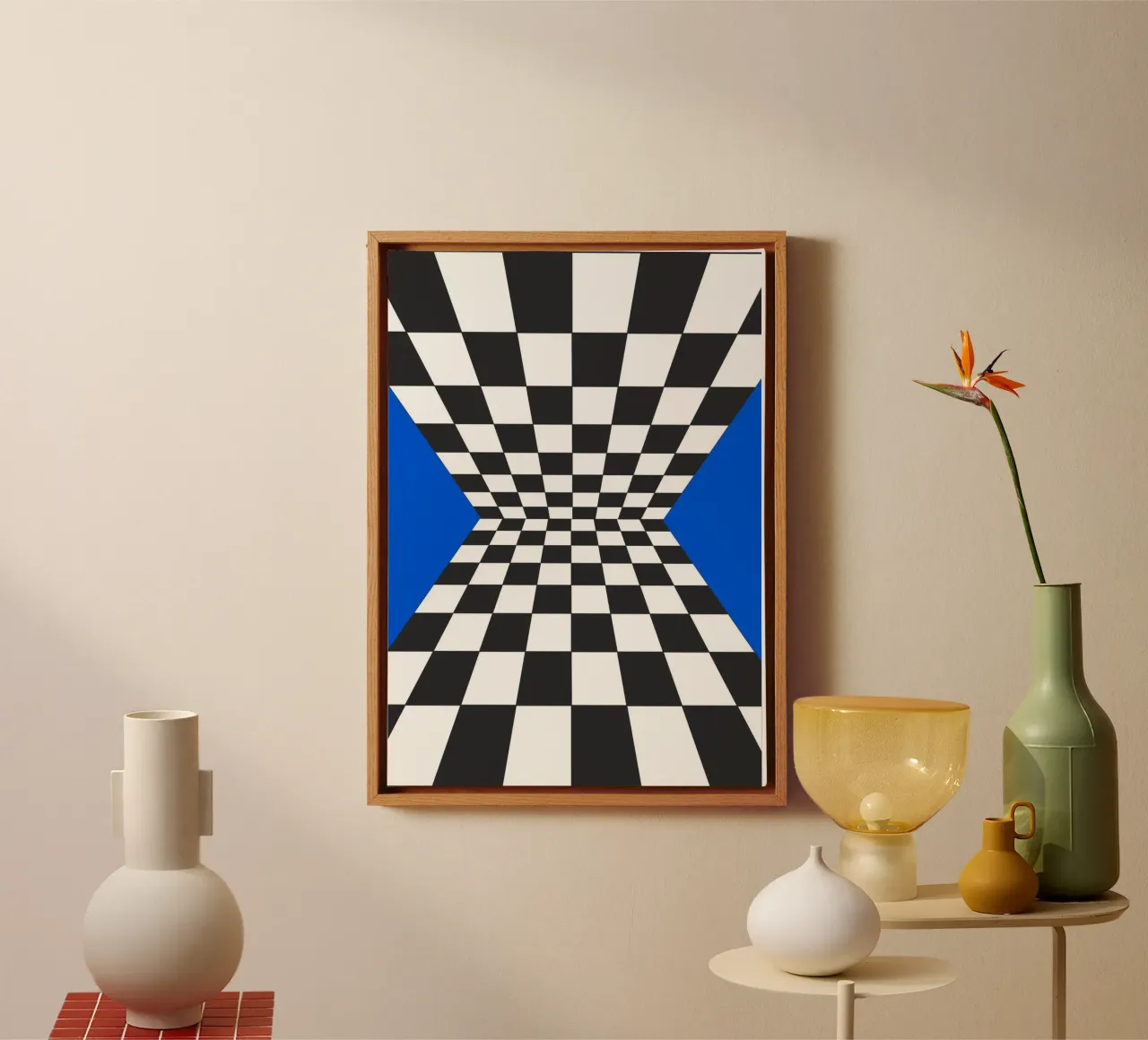 Abstract Geometrisch dambord Illustratie Blauw I canvas met Baklijst van Lisa Jureczko Arts Illustration
