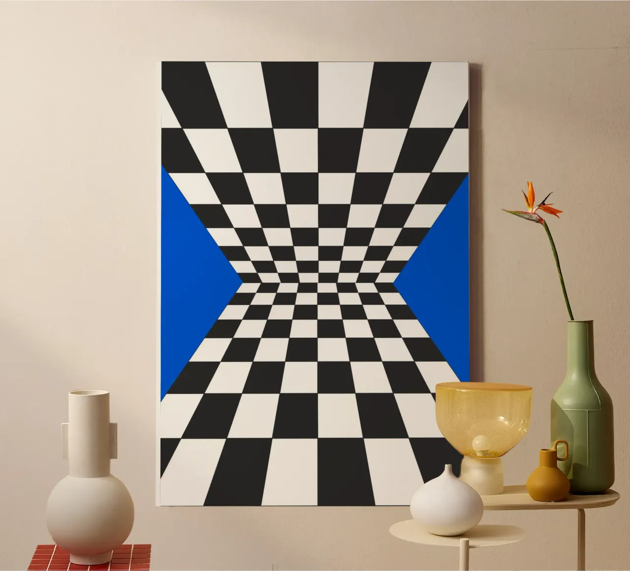 Abstract Geometrisch dambord Illustratie Blauw I canvas met Baklijst van Lisa Jureczko Arts Illustration