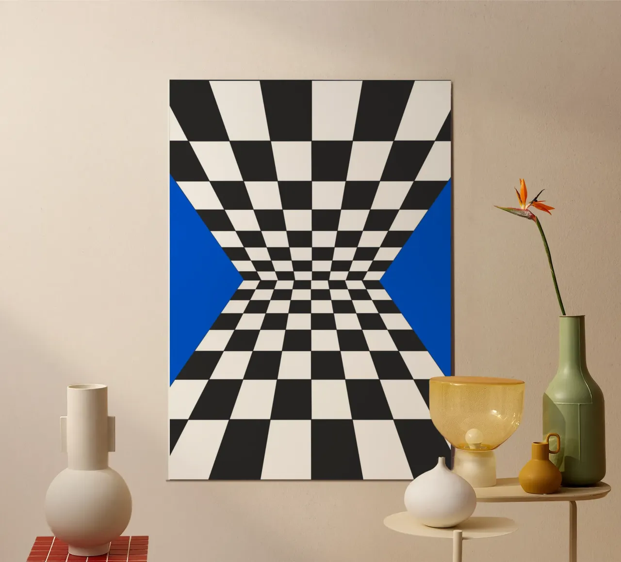 Illustrazione geometrica astratta a scacchiera Blu I poster con telaio in plastica da Lisa Jureczko Arts Illustration
