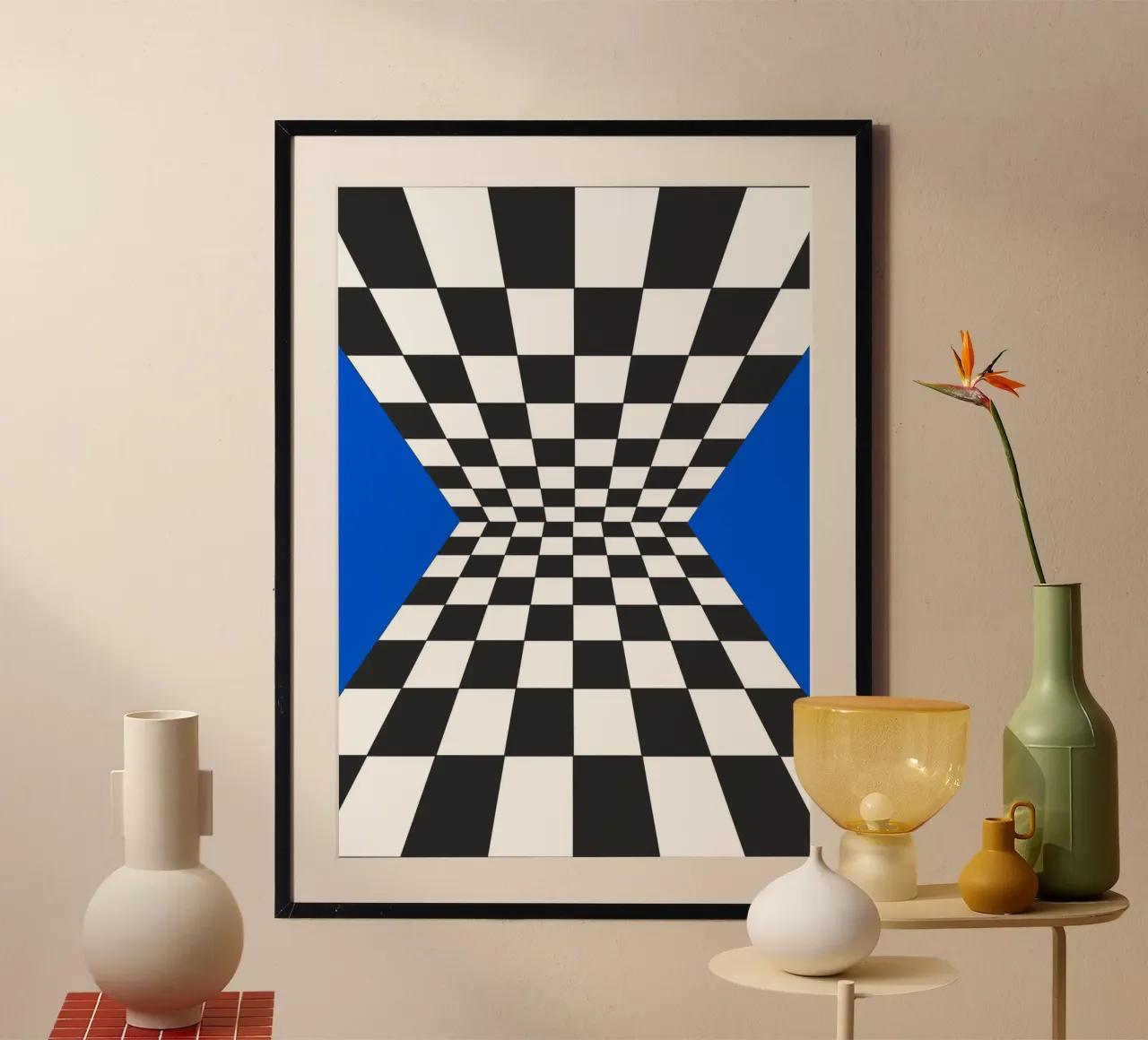 Illustrazione geometrica astratta a scacchiera Blu I poster con telaio in plastica da Lisa Jureczko Arts Illustration