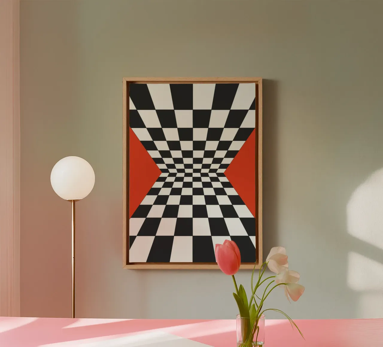 Abstract Geometrisch dambordontwerp Illustratie Rood II canvas met Baklijst van Lisa Jureczko Arts Illustration