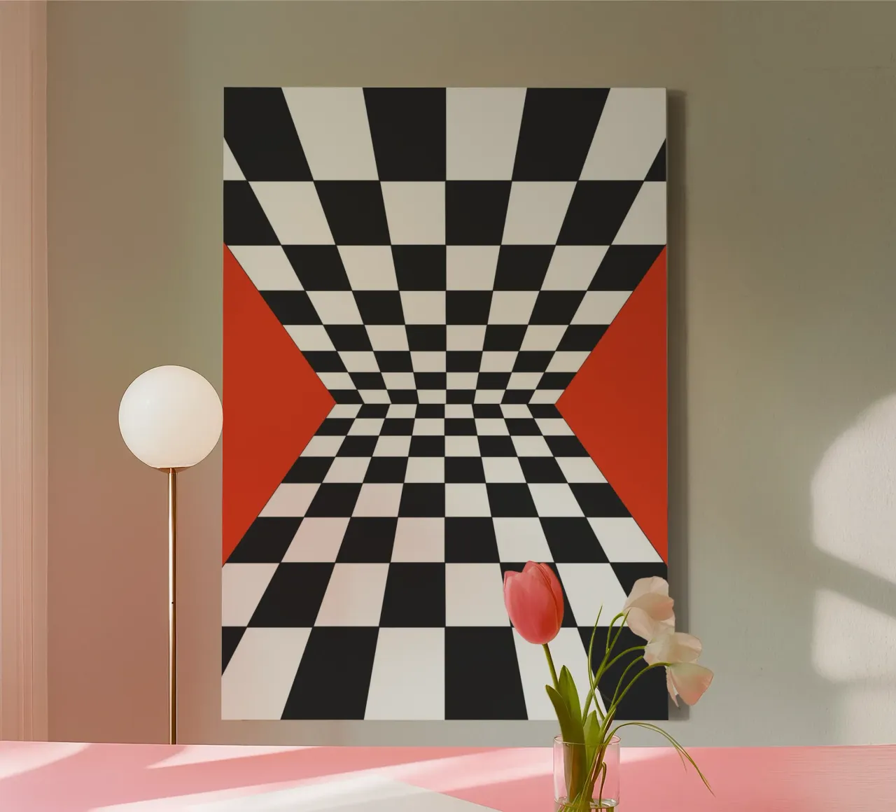 Abstract Geometrisch dambordontwerp Illustratie Rood II canvas met Baklijst van Lisa Jureczko Arts Illustration