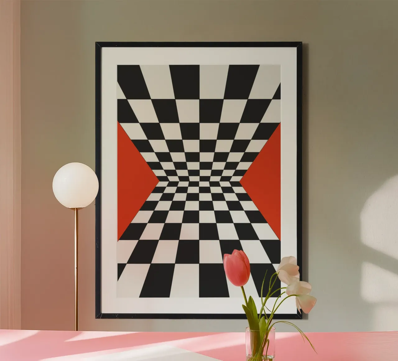 Abstract Geometrisch dambordontwerp Illustratie Rood II poster met kunststof frame van Lisa Jureczko Arts Illustration