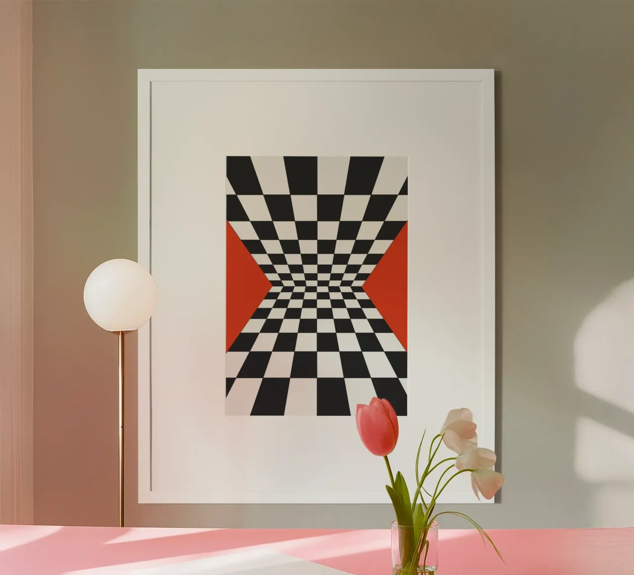 Abstract Geometrisch dambordontwerp Illustratie Rood II poster met kunststof frame van Lisa Jureczko Arts Illustration
