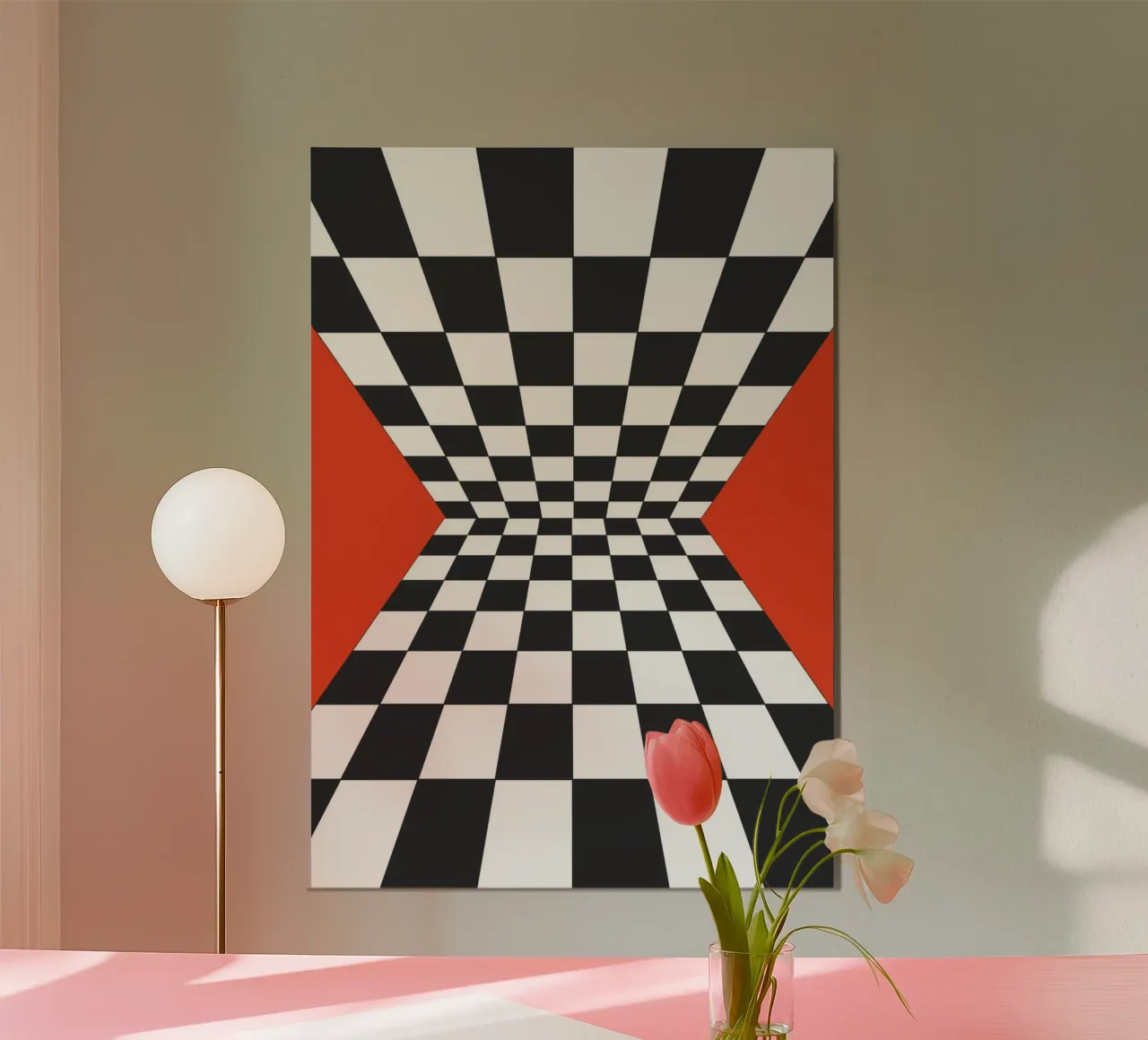 Abstract Geometrisch dambordontwerp Illustratie Rood II poster met kunststof frame van Lisa Jureczko Arts Illustration
