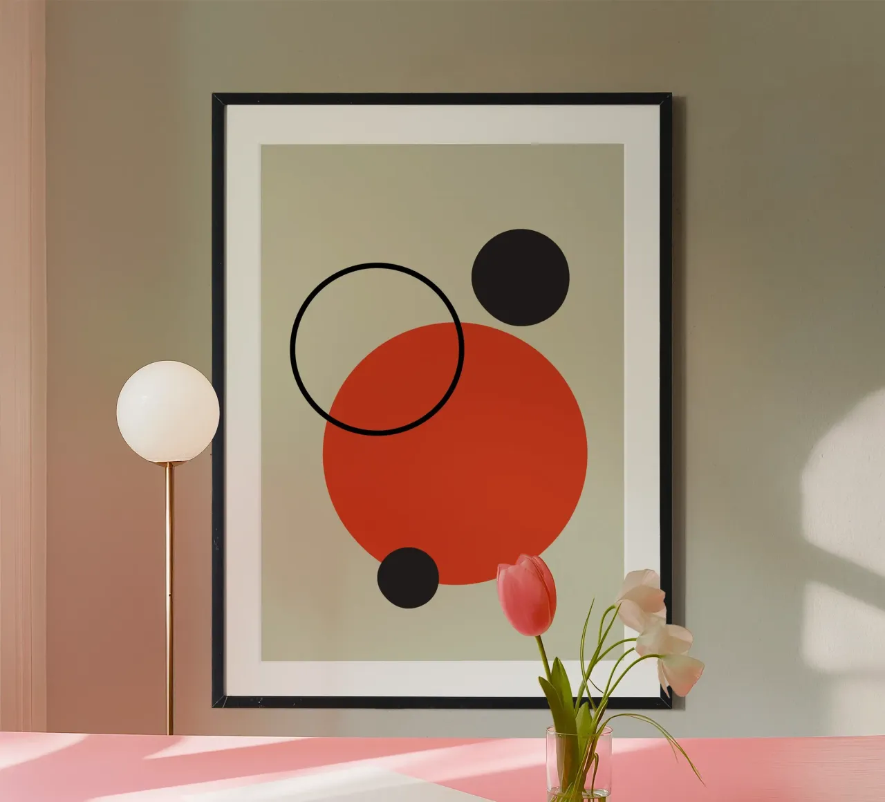Abstract design of circles in red, beige and black hahnemühle by Lisa Jureczko Arts Illustration