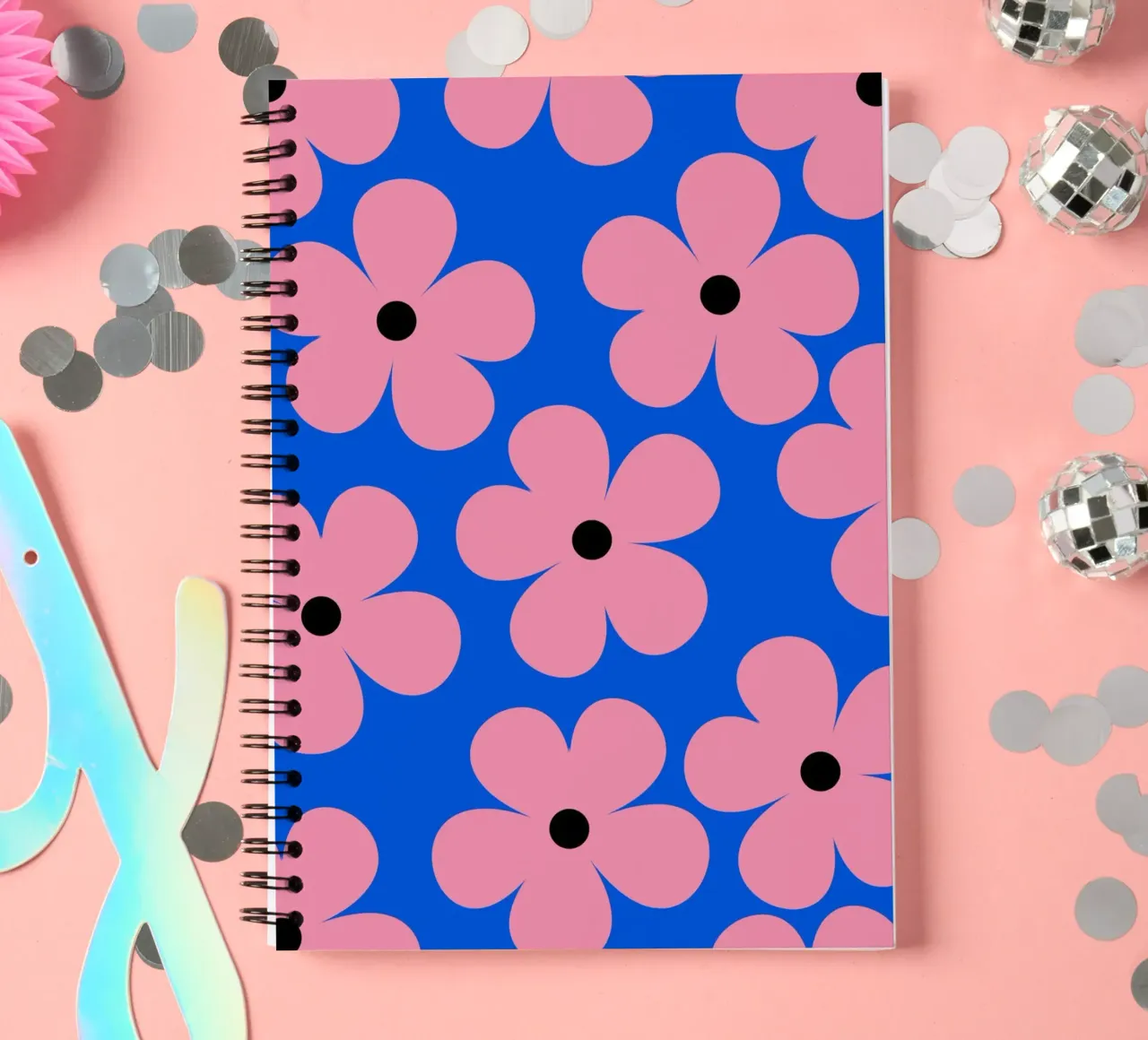 Retro Flower Design - Blue and Pink spiral notebook by Lisa Jureczko Arts Illustration