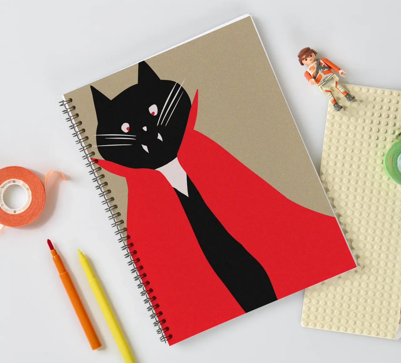 Vampire Black Tuxedo Cat with Red Cape spiral notebook by Lisa Jureczko Arts Illustration