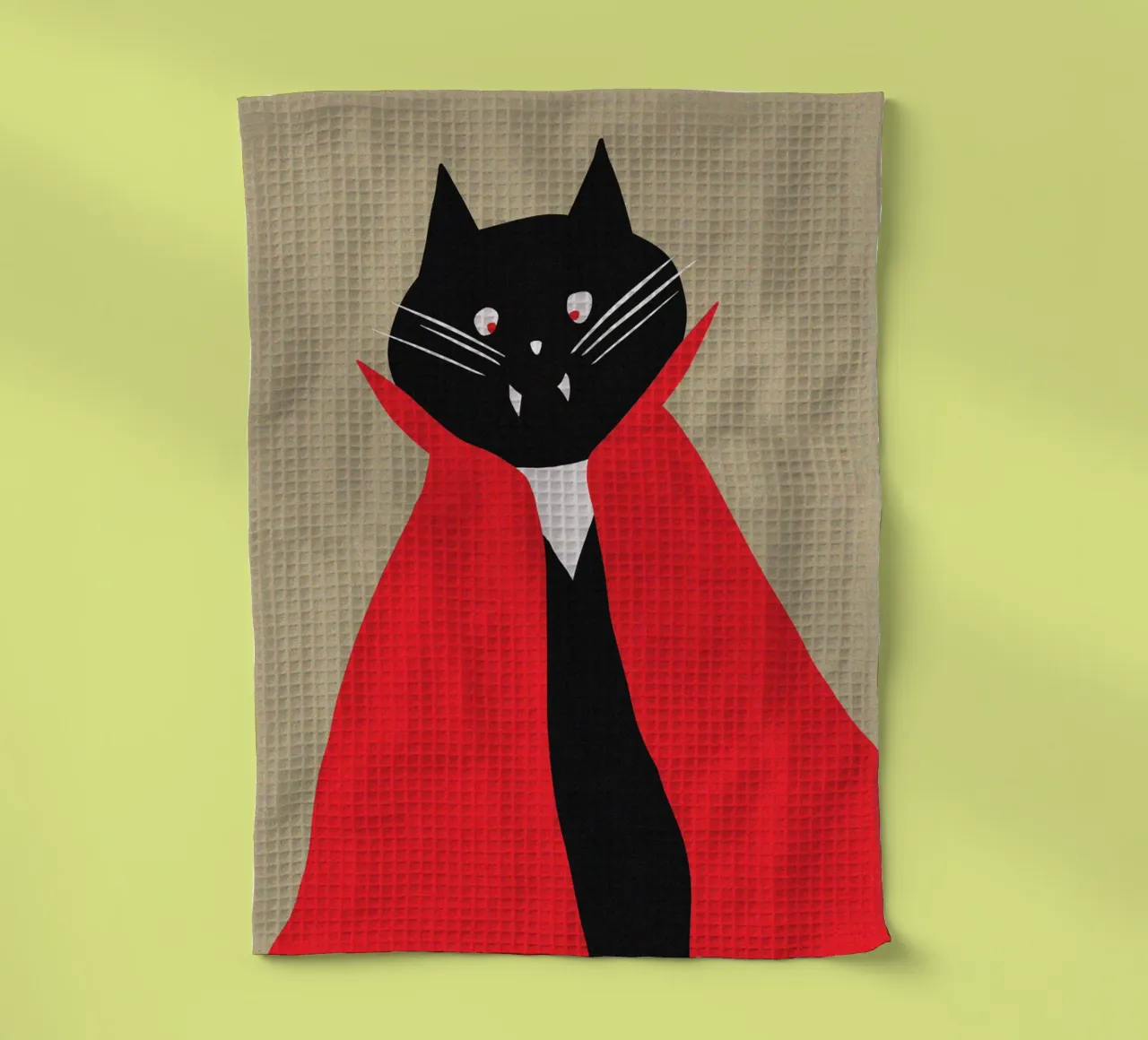 Schwarze Tuxedo-Vampir-Katze mit rotem Umhang Geschirrtuch von Lisa Jureczko Arts Illustration