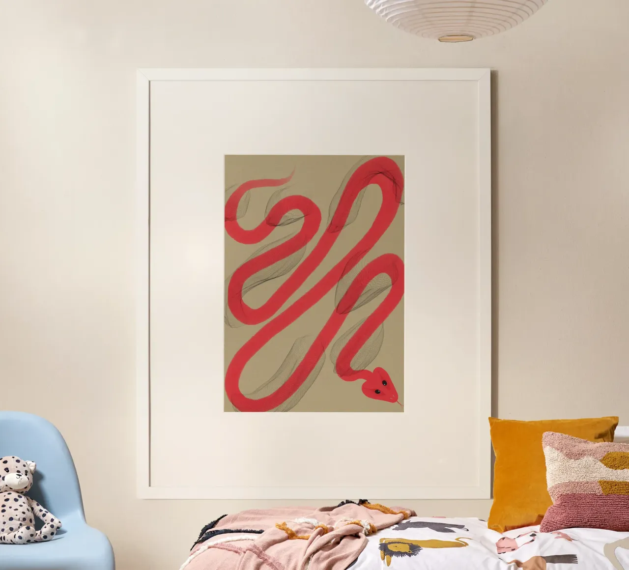 Illustrazione del serpente rosso che si libera della pelle poster con telaio in plastica da Lisa Jureczko Arts Illustration