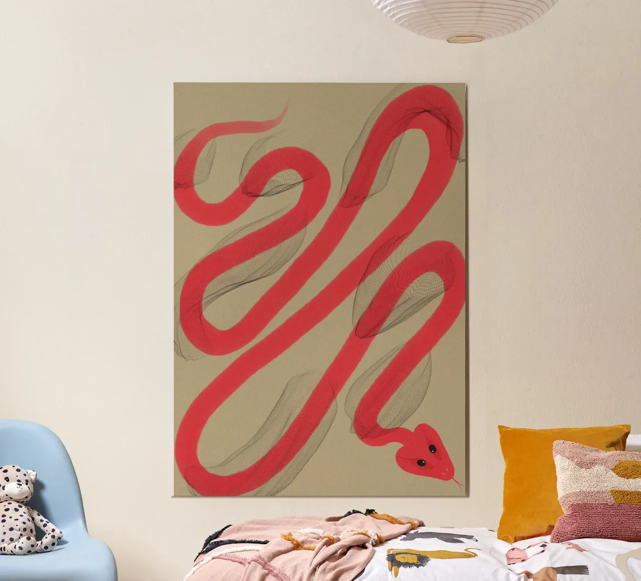 Illustrazione del serpente rosso che si libera della pelle poster con telaio in plastica da Lisa Jureczko Arts Illustration