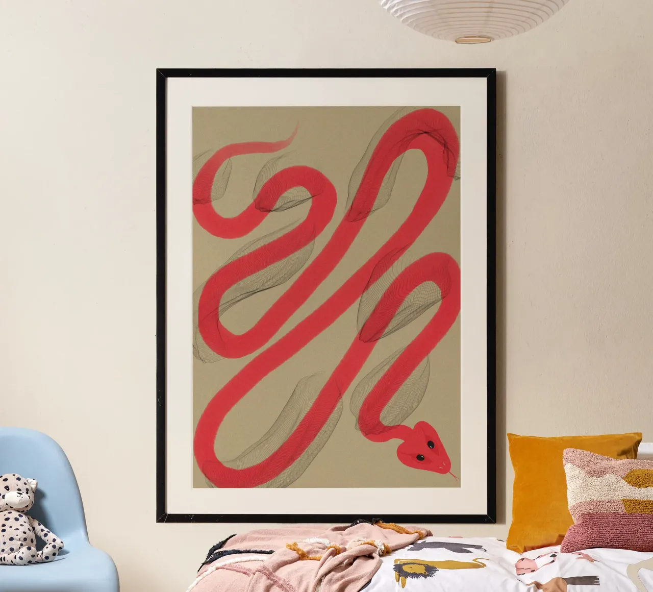 Illustrazione del serpente rosso che si libera della pelle poster con telaio in plastica da Lisa Jureczko Arts Illustration