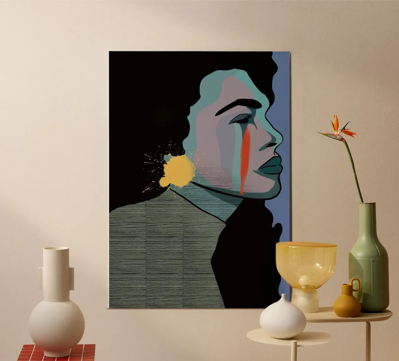 Donna con i capelli neri, ritratto colorato illustrazione poster con telaio in plastica da Lisa Jureczko Arts Illustration