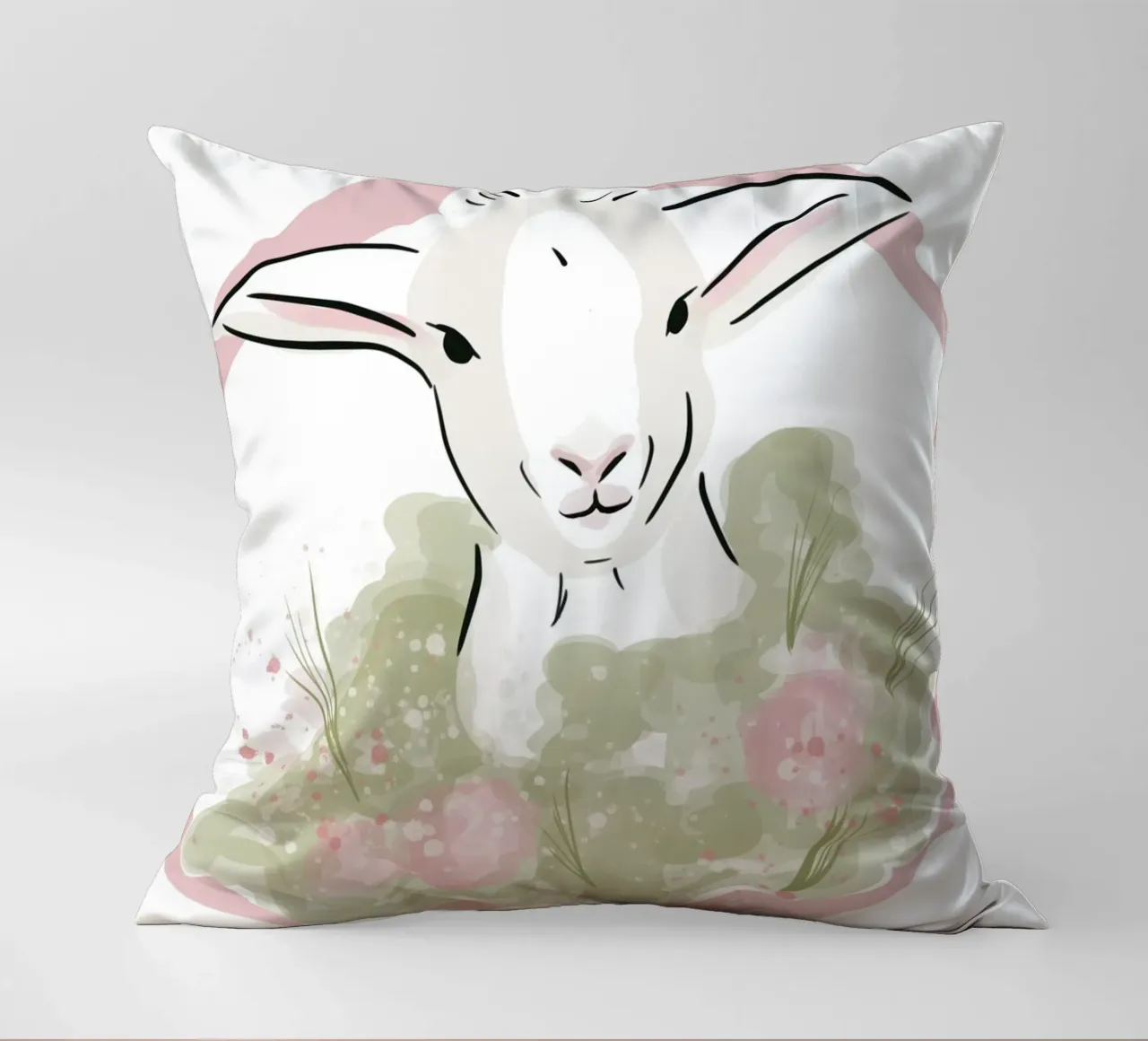 Simpatico agnellino bianco con fiori rosa cuscino da Lisa Jureczko Arts Illustration