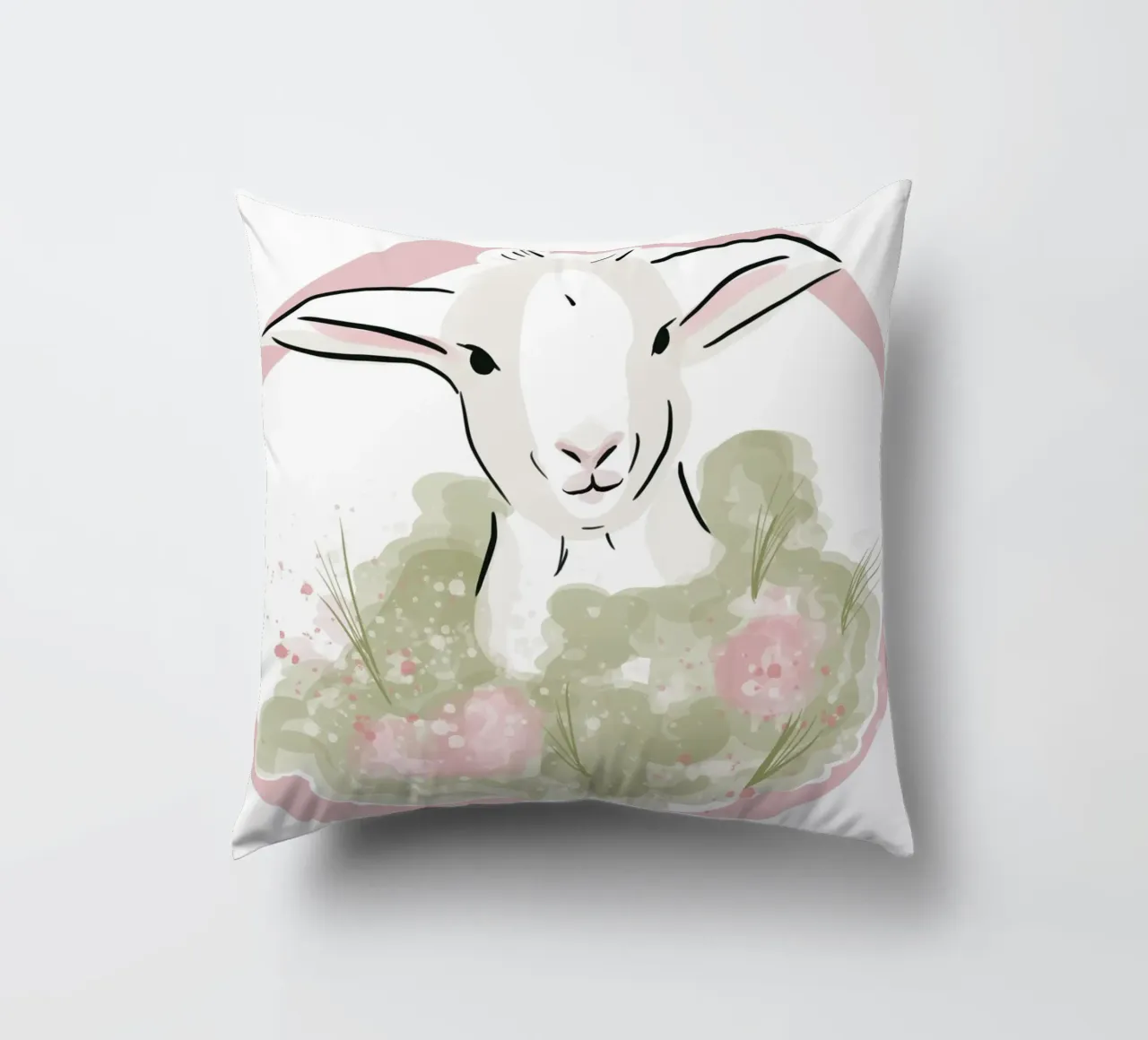 Simpatico agnellino bianco con fiori rosa cuscino da Lisa Jureczko Arts Illustration