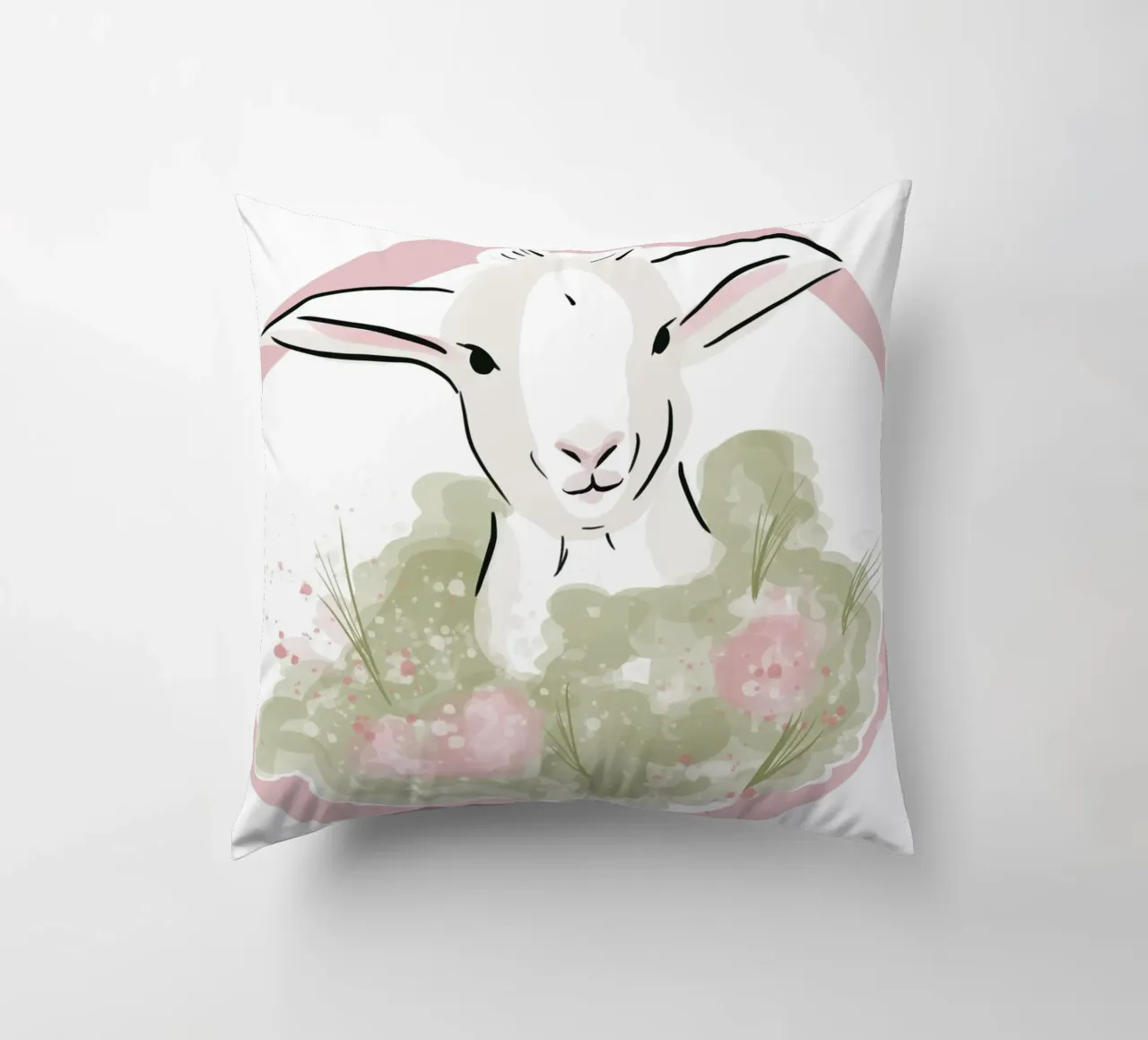 Simpatico agnellino bianco con fiori rosa cuscino da Lisa Jureczko Arts Illustration