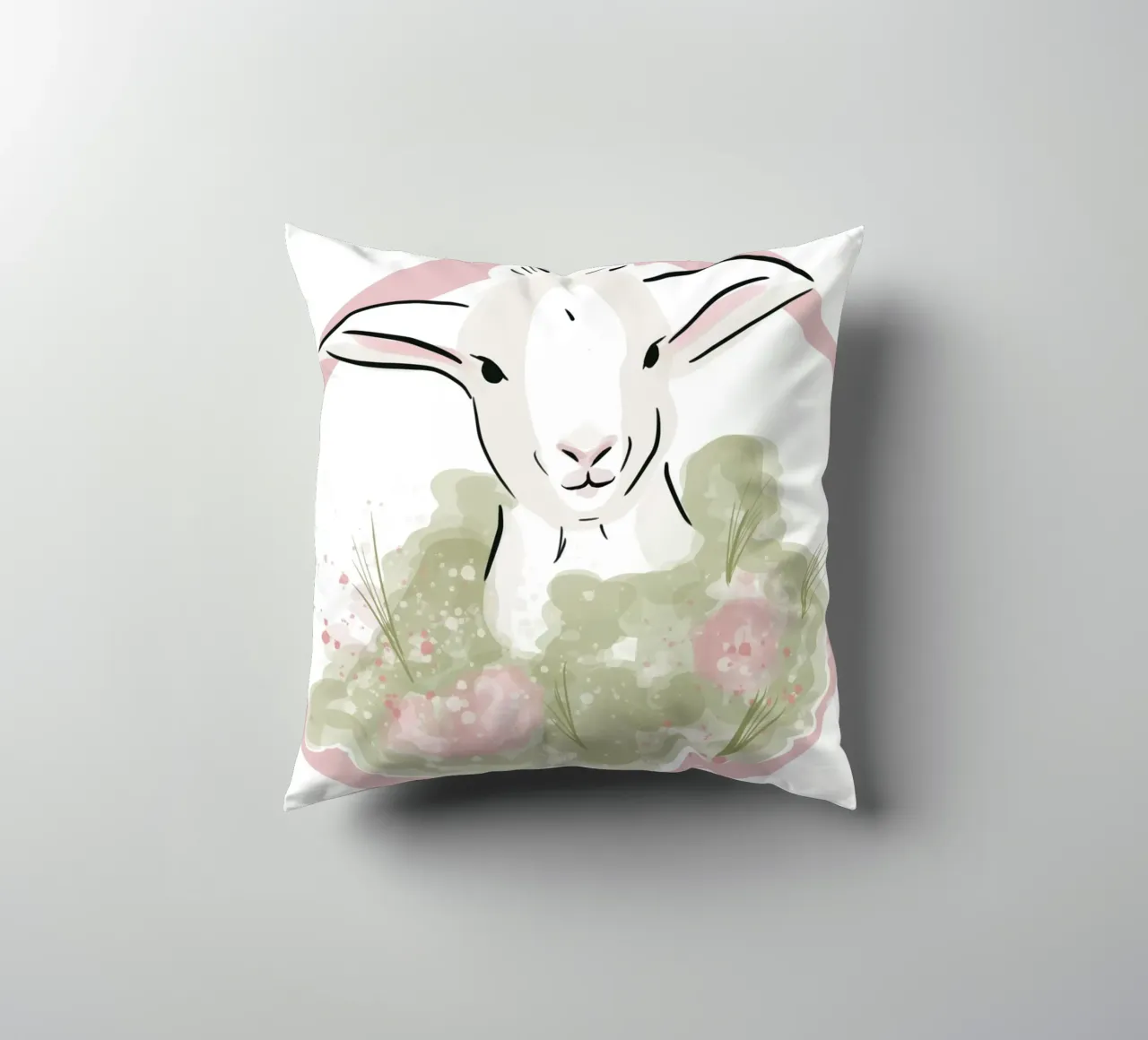 Simpatico agnellino bianco con fiori rosa cuscino da Lisa Jureczko Arts Illustration