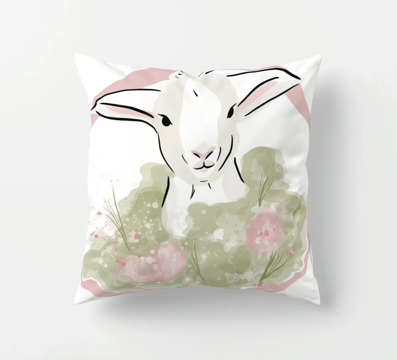 Simpatico agnellino bianco con fiori rosa cuscino da Lisa Jureczko Arts Illustration