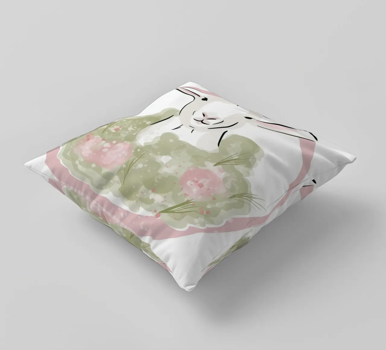 Simpatico agnellino bianco con fiori rosa cuscino da Lisa Jureczko Arts Illustration