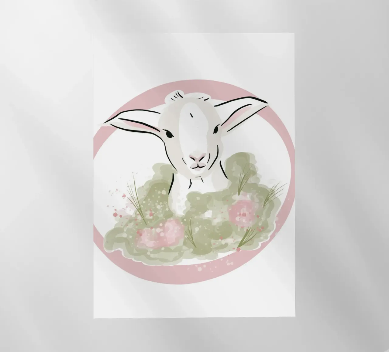 Simpatico agnellino bianco con fiori rosa pellicola backlit da Lisa Jureczko Arts Illustration