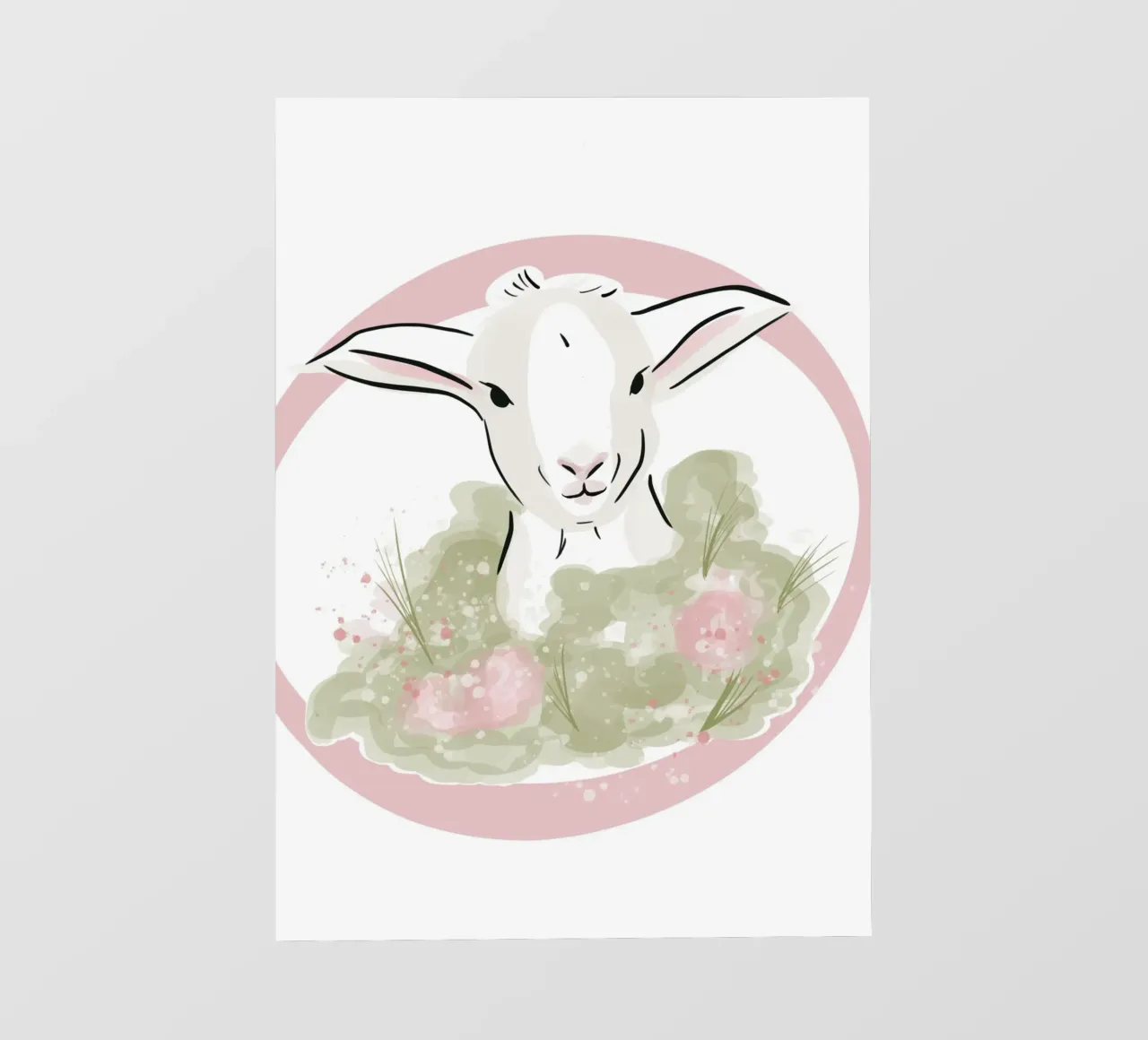 Simpatico agnellino bianco con fiori rosa pellicola backlit da Lisa Jureczko Arts Illustration