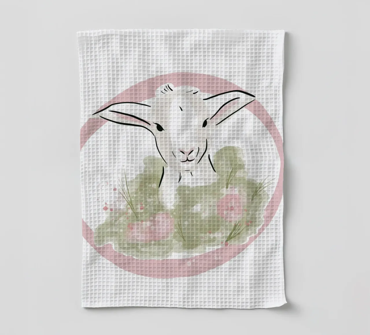 Simpatico agnellino bianco con fiori rosa canovaccio da cucina da Lisa Jureczko Arts Illustration