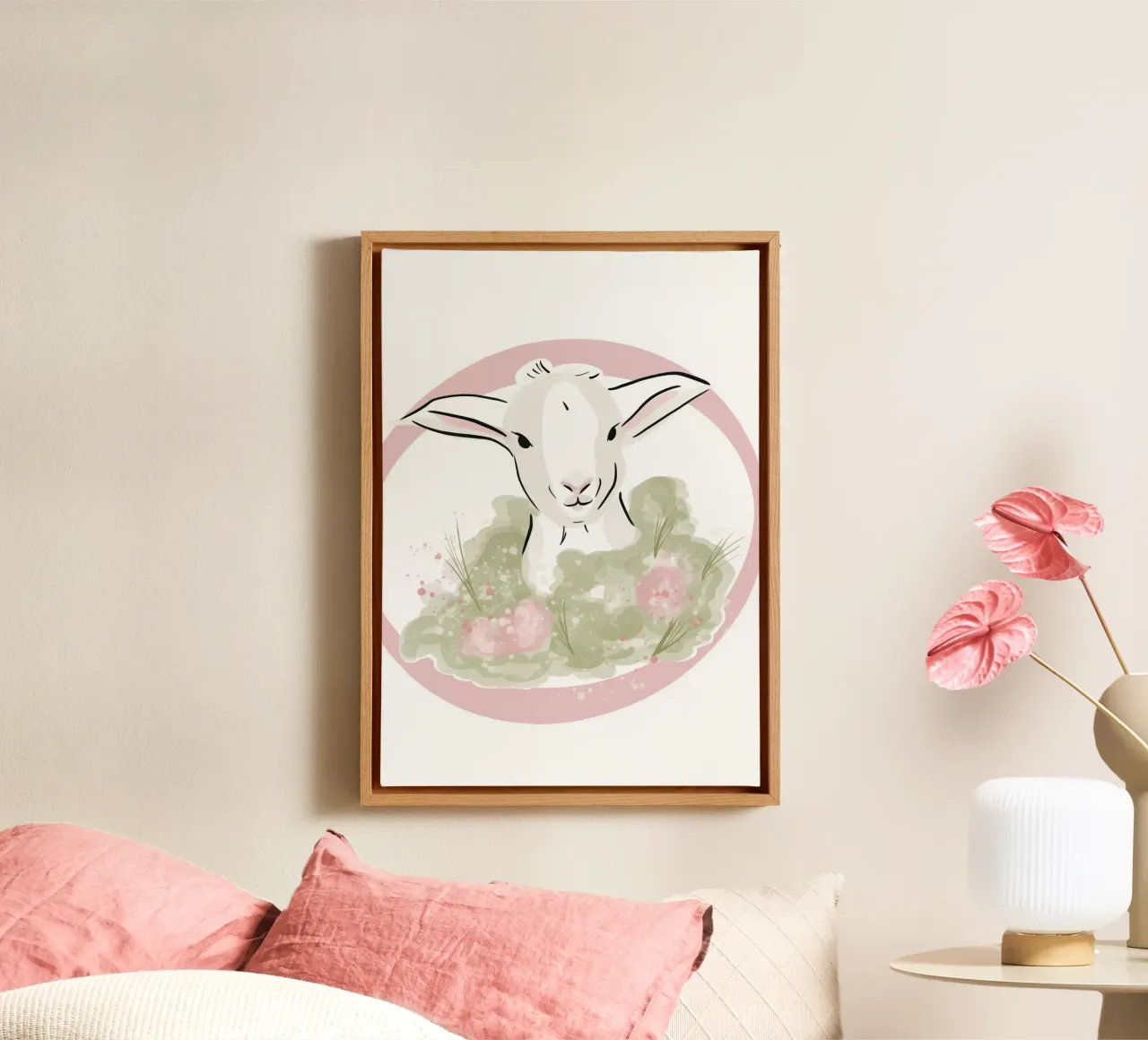 Simpatico agnellino bianco con fiori rosa tela con Cornice a cassetta da Lisa Jureczko Arts Illustration