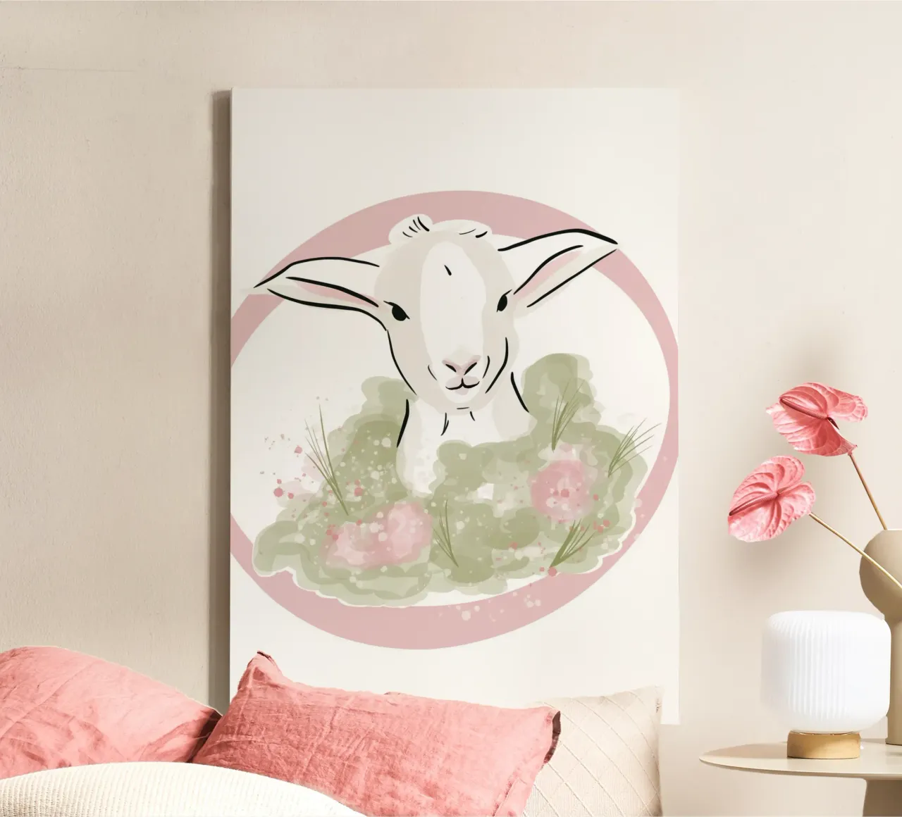 Simpatico agnellino bianco con fiori rosa tela con Cornice a cassetta da Lisa Jureczko Arts Illustration